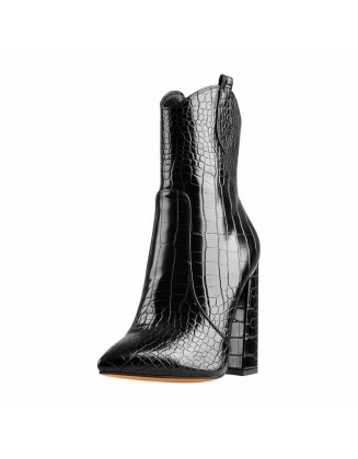 Black  Pointed Toe Chunky Ankle Boots