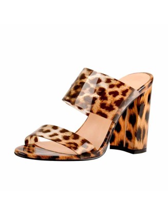 Transparent Leopard Double Straps Chunky Heels Mules Sandals