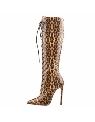 Lace up Leopard Pointed Toe Knee High Boots