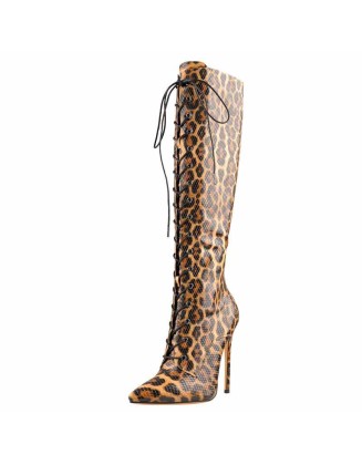 Lace up Leopard Pointed Toe Knee High Boots