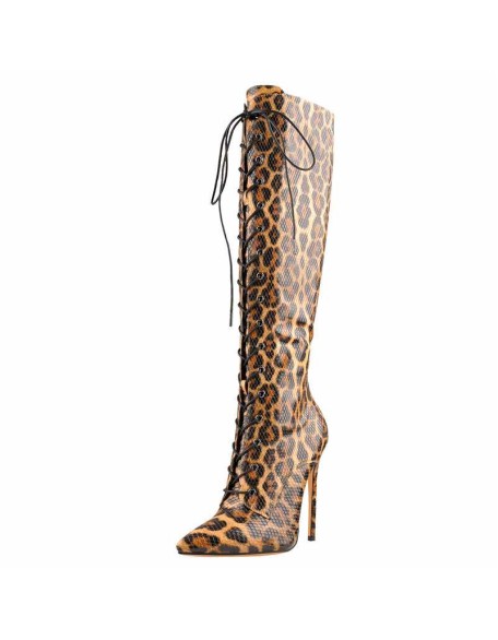 Lace up Leopard Pointed Toe Knee High Boots
