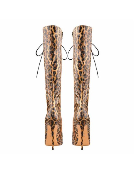 Lace up Leopard Pointed Toe Knee High Boots