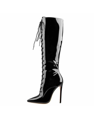 Black Patent Leather Lace Up Pointed Toe Knee High Boots