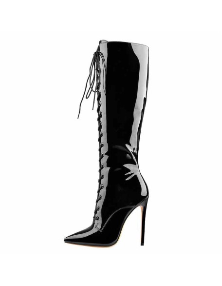 Black Patent Leather Lace Up Pointed Toe Knee High Boots