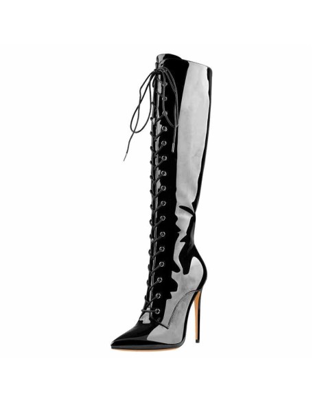Black Patent Leather Lace Up Pointed Toe Knee High Boots
