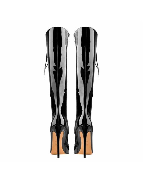 Black Patent Leather Lace Up Pointed Toe Knee High Boots