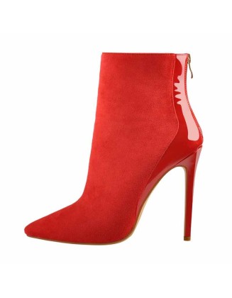 Red Suede Patent Leather Stitching Pointed Toe Ankle boots