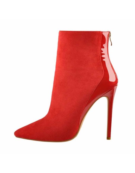 Red Suede Patent Leather Stitching Pointed Toe Ankle boots