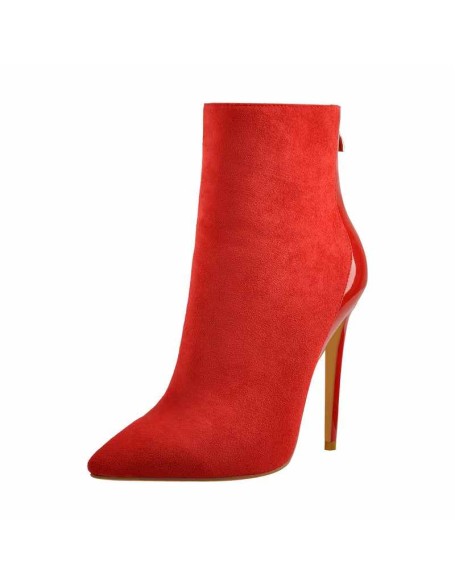 Red Suede Patent Leather Stitching Pointed Toe Ankle boots