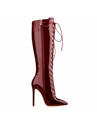 Red Patent Leather Lace Up Pointed Toe Knee High Boots
