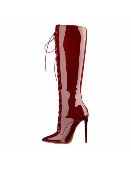 Red Patent Leather Lace Up Pointed Toe Knee High Boots