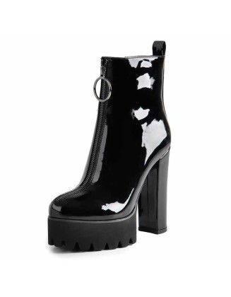 Round Toe Black Patent Leather Platform Chunky High Heel Ankle Boots