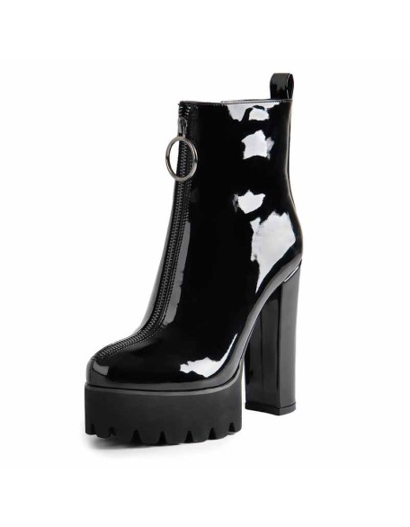 Round Toe Black Patent Leather Platform Chunky High Heel Ankle Boots