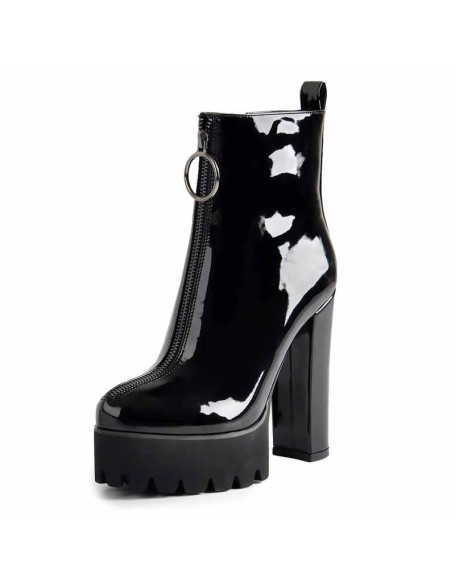 Round Toe Black Patent Leather Platform Chunky High Heel Ankle Boots