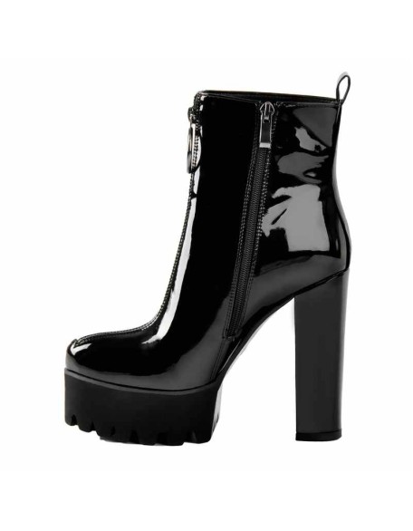 Round Toe Black Patent Leather Platform Chunky High Heel Ankle Boots