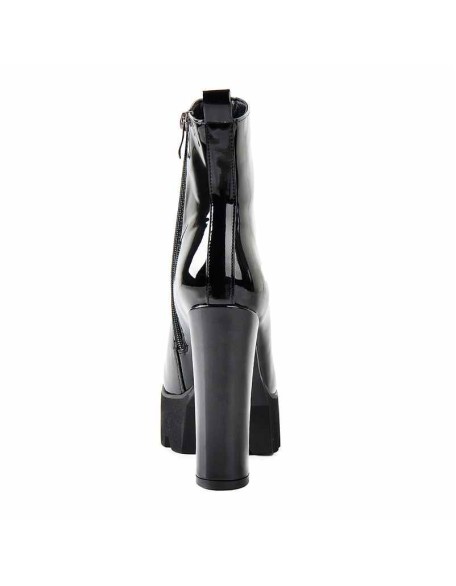 Round Toe Black Patent Leather Platform Chunky High Heel Ankle Boots