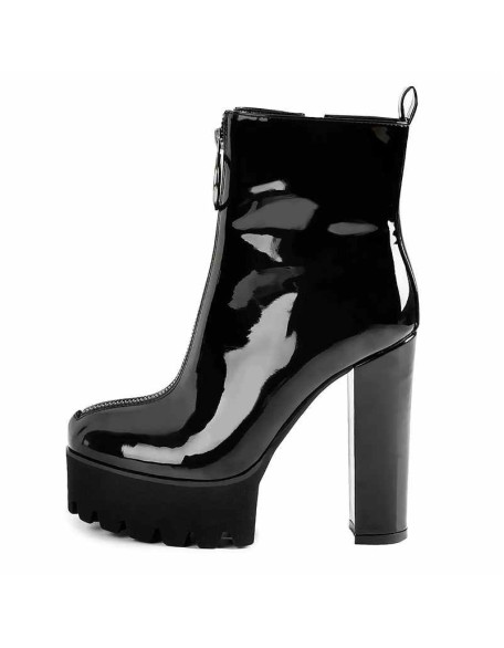 Round Toe Black Patent Leather Platform Chunky High Heel Ankle Boots