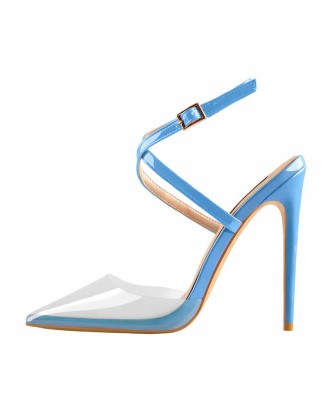 Pointed Toe Slingback High Heels Powderblue Sandals with Cross Strap