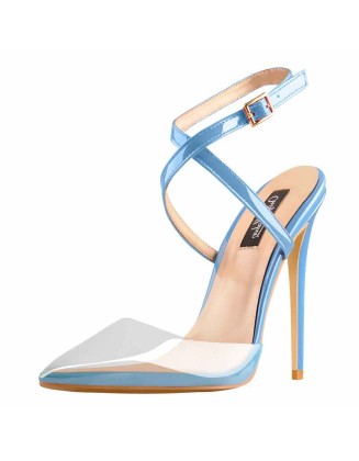 Pointed Toe Slingback High Heels Powderblue Sandals with Cross Strap
