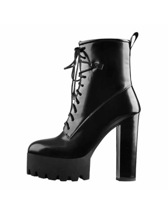 Lace Up Platform Round Toe Chunky Heels Patent Leather Ankle Boots