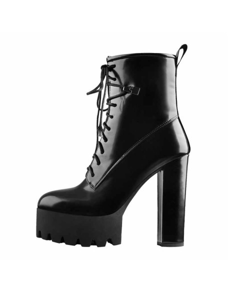 Lace Up Platform Round Toe Chunky Heels Patent Leather Ankle Boots