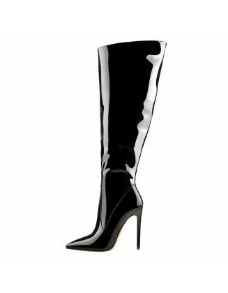 Black Patent Leather Zip Pointed Toe Knee High Boots