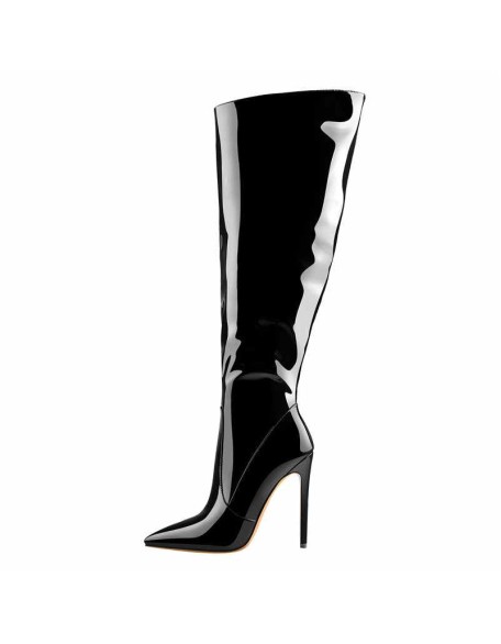Black Patent Leather Zip Pointed Toe Knee High Boots