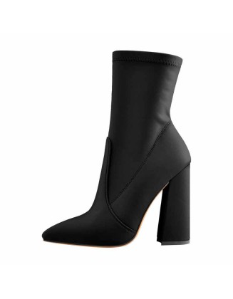 Pointed Toe Minimalistic Stretch Chunky Block High Heels Ankle Booties