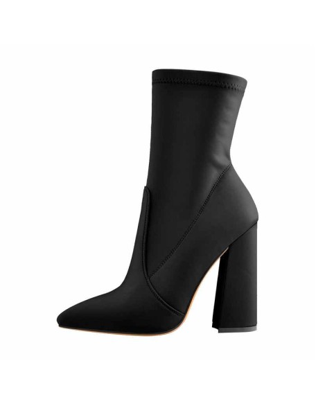 Pointed Toe Minimalistic Stretch Chunky Block High Heels Ankle Booties