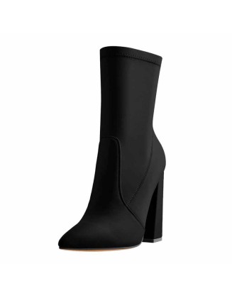 Pointed Toe Minimalistic Stretch Chunky Block High Heels Ankle Booties