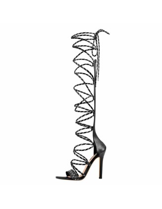 Knee High Lace-up Gladiator Round Toe Stiletto High Heels Sandals