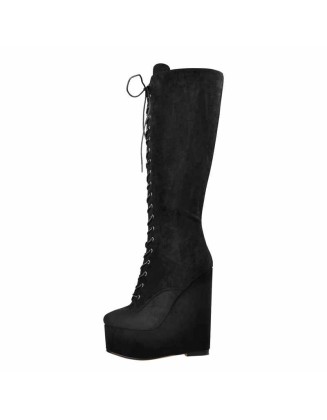 Suede Round Toe Wedge Heel Lace Up Zip Knee High Boots