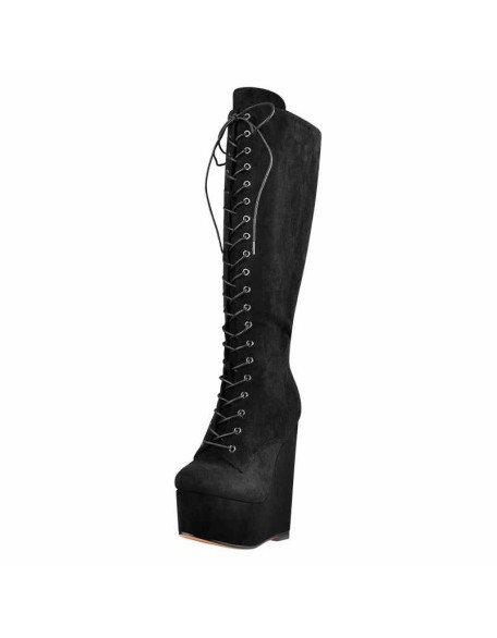 Suede Round Toe Wedge Heel Lace Up Zip Knee High Boots