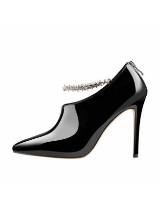 Pointed Toe Rhinestone Chain Patent Leather Stiletto High Heel Booties