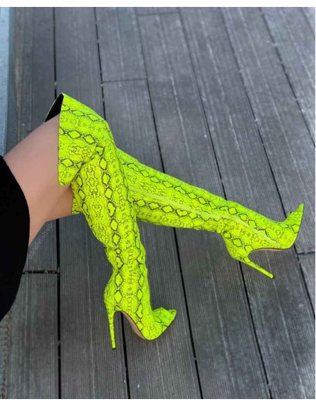 Open Toe Snake Fluorescent Color Stiletto High Heel Over The Knee Boots