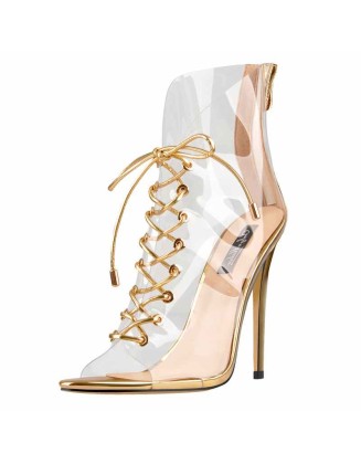 Open Toe Golden Lace up Transparent Zip Ankle Sandals Boots
