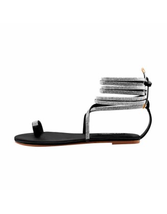Toe Ring Lace up Rhinestone Cross Strip Gladiator Flat Sandals