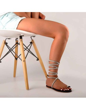 Toe Ring Lace up Rhinestone Cross Strip Gladiator Flat Sandals