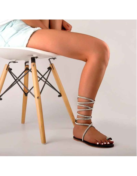 Toe Ring Lace up Rhinestone Cross Strip Gladiator Flat Sandals