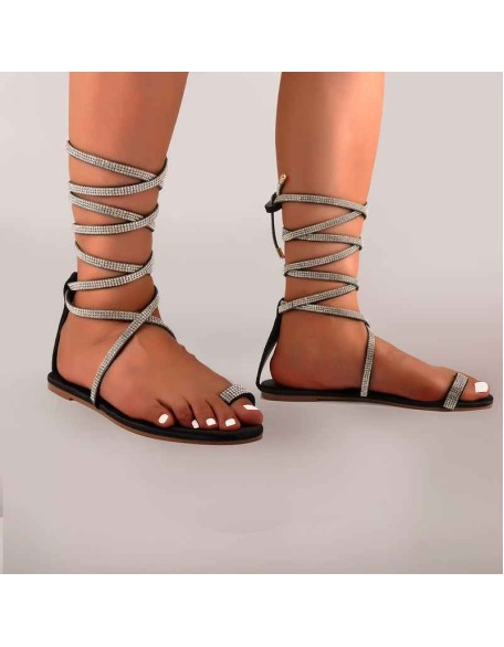 Toe Ring Lace up Rhinestone Cross Strip Gladiator Flat Sandals