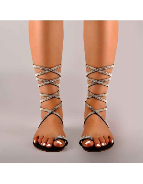 Toe Ring Lace up Rhinestone Cross Strip Gladiator Flat Sandals