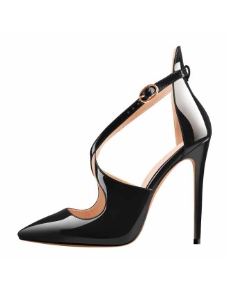 Black Patent Leather Pointed Toe Cross Strap High Heel Pumps
