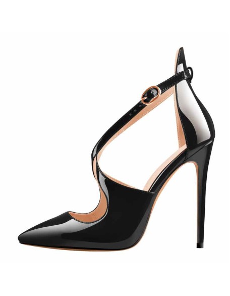 Black Patent Leather Pointed Toe Cross Strap High Heel Pumps
