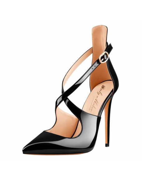 Black Patent Leather Pointed Toe Cross Strap High Heel Pumps