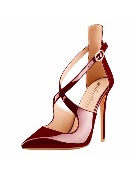 Black Patent Leather Pointed Toe Cross Strap High Heel Pumps