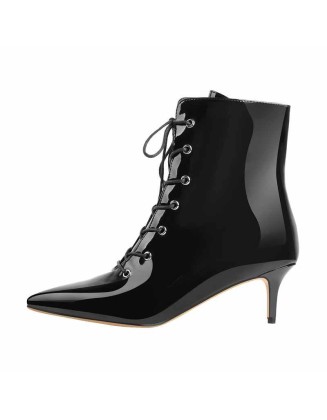 Kitten Low Heel Pointed Toe Lace Up Patent Black Leather Ankle Boots