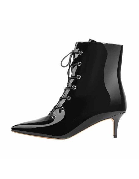 Kitten Low Heel Pointed Toe Lace Up Patent Black Leather Ankle Boots
