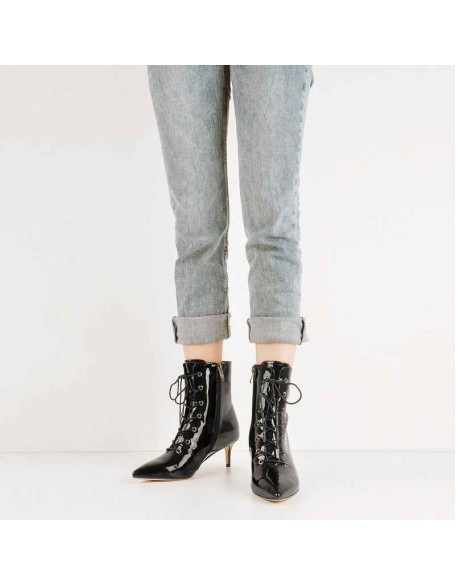 Kitten Low Heel Pointed Toe Lace Up Patent Black Leather Ankle Boots