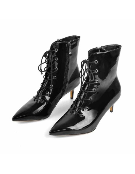 Kitten Low Heel Pointed Toe Lace Up Patent Black Leather Ankle Boots