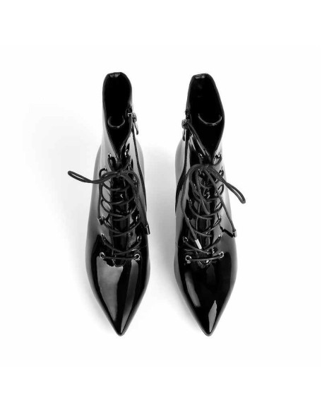 Kitten Low Heel Pointed Toe Lace Up Patent Black Leather Ankle Boots